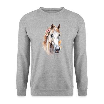 Pferd Gekrönt in Aquarellblumen - Unisex Pullover - Weißgrau meliert - Vorne - Alina (178cm) & Michal (187cm)