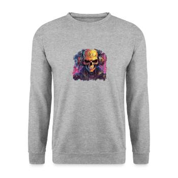 PixelPulse Cortex // Cyberpunk Skull - Unisex Pullover - Weißgrau meliert - Vorne - Alina (178cm) & Michal (187cm)