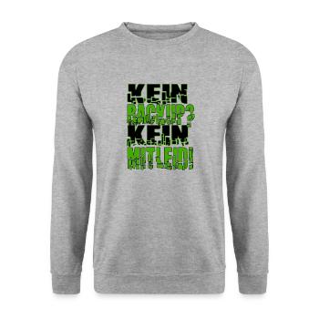 Kein Backup? Kein Mitleid! - Unisex Pullover - Weißgrau meliert - Vorne - Alina (178cm) & Michal (187cm)