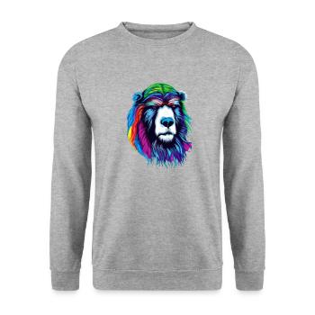 Der gelb pinke Bär - Tier Porträt Pop Art Style - Unisex Pullover - Weißgrau meliert - Vorne - Alina (178cm) & Michal (187cm)