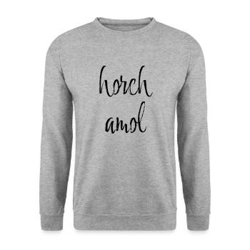 Horch Amol - Fränkischer Ausdruck - Unisex Pullover - Weißgrau meliert - Vorne - Alina (178cm) & Michal (187cm)