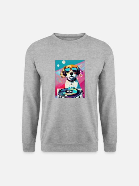 Cooler Hunde-DJ mit Sonnenbrille - Unisex Pullover - Weißgrau meliert