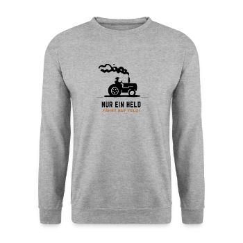 Nur ein Held fährt aufs Feld - Unisex Pullover - Weißgrau meliert - Vorne - Alina (178cm) & Michal (187cm)