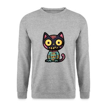 Katze Halloween Lustig - Unisex Pullover - Weißgrau meliert - Vorne - Alina (178cm) & Michal (187cm)