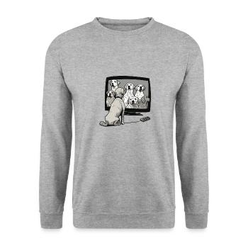 Hund schaut TV und sieht andere Hunde in Glotze - Unisex Pullover - Weißgrau meliert - Vorne - Alina (178cm) & Michal (187cm)