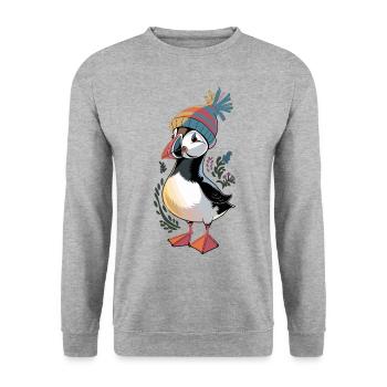 Puffin mit Mütze: Winterlicher Charme - Unisex Pullover - Weißgrau meliert - Vorne - Alina (178cm) & Michal (187cm)