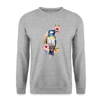 Aquarell-Symphonie: Vogel zwischen Blüten - Unisex Pullover - Weißgrau meliert - Vorne - Alina (178cm) & Michal (187cm)