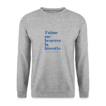 t-shirt j'aime me beurrer la biscotte cadeau - Sweat-shirt Unisexe - gris chiné - Devant - Alina (178cm) & Michal (187cm)