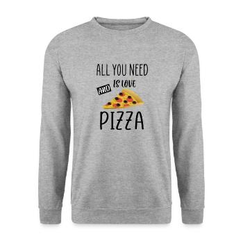 Alles, was Sie brauchen, ist Liebe und Pizza-Zitat - Unisex Pullover - Weißgrau meliert - Vorne - Alina (178cm) & Michal (187cm)