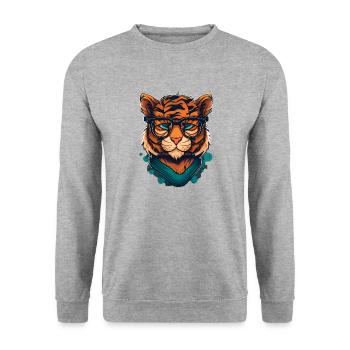 Tiger als Nerd mit Buch - Unisex Pullover - Weißgrau meliert - Vorne - Alina (178cm) & Michal (187cm)