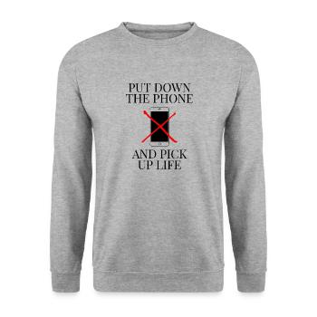 Put Down The Phone And Pick Up Life Handyverbot - Unisex Pullover - Weißgrau meliert - Vorne - Alina (178cm) & Michal (187cm)