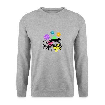 Frühlingsdesign - springender Hund und Blumen - Unisex Pullover - Weißgrau meliert - Vorne - Alina (178cm) & Michal (187cm)