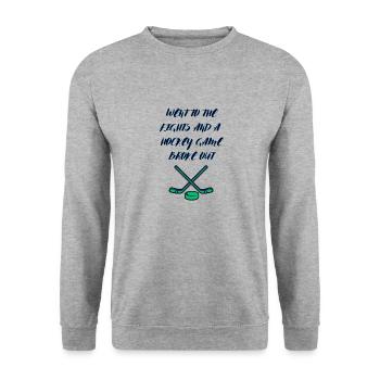 Ging zu den Kämpfen und ein Eishockeyspiel brach aus - Unisex Pullover - Weißgrau meliert - Vorne - Alina (178cm) & Michal (187cm)