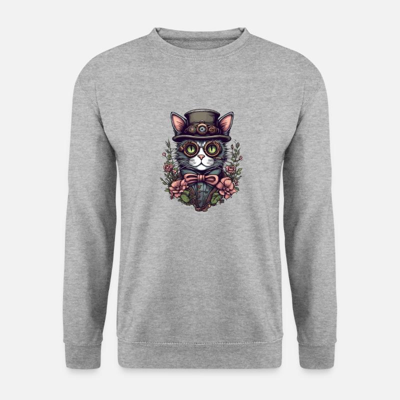 Steampunk Katze - Unisex Pullover - Weißgrau meliert