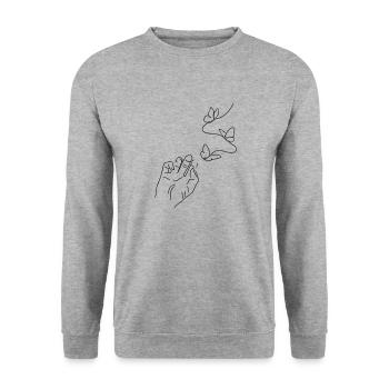 Papillon à la main Line Art - minimaliste - Sweat-shirt Unisexe - gris chiné - Devant - Alina (178cm) & Michal (187cm)