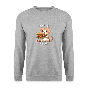 Vielfraß Katze Design Geschenk für Essensfanatiker - Unisex Pullover - Weißgrau meliert - Vorne - Alina (178cm) & Michal (187cm)