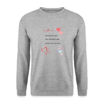 Design Er: Hab Dir Lieb R.St - Unisex Pullover - Weißgrau meliert - Vorne - Alina (178cm) & Michal (187cm)