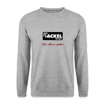 Mein Dackel tut nix. Der will nur spielen - Unisex Pullover - Weißgrau meliert - Vorne - Alina (178cm) & Michal (187cm)