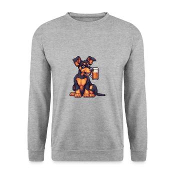 Dobermann Hund Bier Pixel - Unisex Pullover - Weißgrau meliert - Vorne - Alina (178cm) & Michal (187cm)