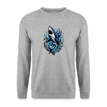 Hai mit blauen Wellen – Tattoo-Stil | Noventra - Unisex Pullover - Weißgrau meliert - Vorne - Alina (178cm) & Michal (187cm)