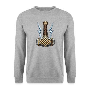 Mjölnir – Thors Hammer mit blauen Blitzen - Unisex Pullover - Weißgrau meliert - Vorne - Alina (178cm) & Michal (187cm)