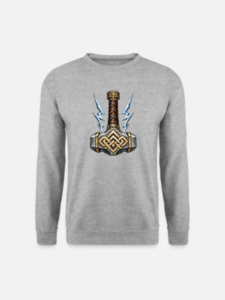 Mjölnir – Thors Hammer mit blauen Blitzen - Unisex Pullover - Weißgrau meliert