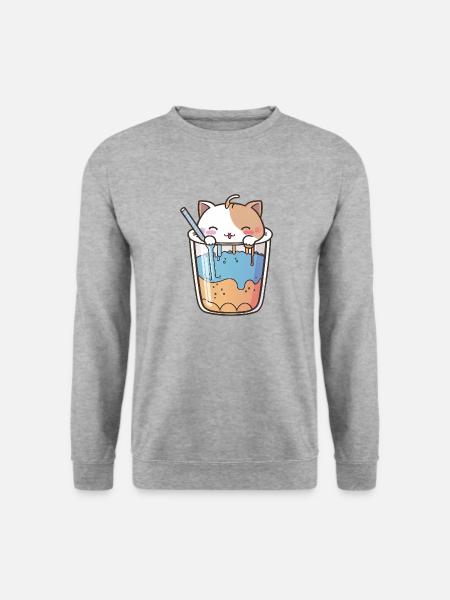 Kawaii Süße Glückliche bunte Katze Trinken Bubble Tea - Unisex Pullover - Weißgrau meliert