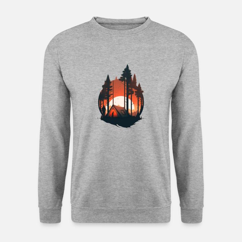 Zelt im Wald mit Sonnenuntergang - Unisex Pullover - Weißgrau meliert