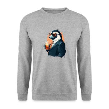 Pinguin gönnt sich ein Bier im Anzug - Unisex Pullover - Weißgrau meliert - Vorne - Alina (178cm) & Michal (187cm)