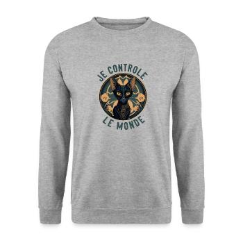 Hypnotisches Katzenporträt: Ich kontrolliere die Welt - Unisex Pullover - Weißgrau meliert - Vorne - Alina (178cm) & Michal (187cm)