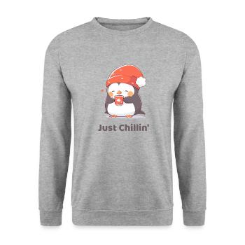 Niedlicher Pinguin mit Weihnachtsmütze - Unisex Pullover - Weißgrau meliert - Vorne - Alina (178cm) & Michal (187cm)