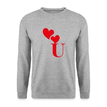 Buchstabe u rotes Herz - Unisex Pullover - Weißgrau meliert - Vorne - Alina (178cm) & Michal (187cm)