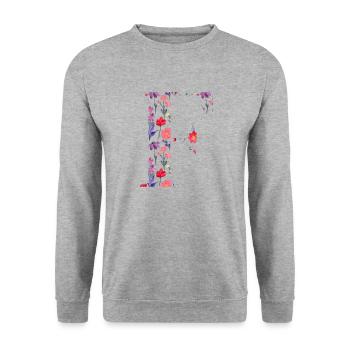 Personalisierter Blumenbuchstabe f - Geschenkidee - Unisex Pullover - Weißgrau meliert - Vorne - Alina (178cm) & Michal (187cm)