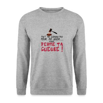 citation humour connaitre juger ferme ta - Sweat-shirt Unisexe - gris chiné - Devant - Alina (178cm) & Michal (187cm)