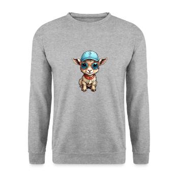 Kleines Ziegenlamm mit blauer Kappe und Brille - Unisex Pullover - Weißgrau meliert - Vorne - Alina (178cm) & Michal (187cm)