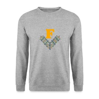 buchstabe f b 4 blau orange - Unisex Pullover - Weißgrau meliert - Vorne - Alina (178cm) & Michal (187cm)