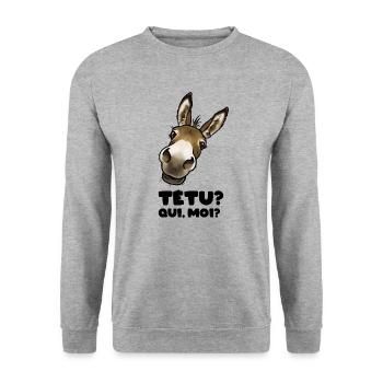 Tétu? qui moi? (âne) texte noir - Sweat-shirt Unisexe - gris chiné - Devant - Alina (178cm) & Michal (187cm)