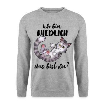Ich bin niedlich, was bist du? Süße Chibi Katze - Unisex Pullover - Weißgrau meliert - Vorne - Alina (178cm) & Michal (187cm)