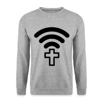Verbinde dich Jesus Gott Kirche Pilger Wallfahrt - Unisex Pullover - Weißgrau meliert - Vorne - Alina (178cm) & Michal (187cm)