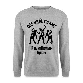 Des Bräutigams Remmidemmi-Truppe (JGA Bier Team B) - Unisex Pullover - Weißgrau meliert - Vorne - Alina (178cm) & Michal (187cm)