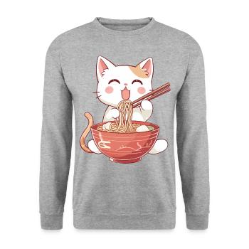 Süße Ramen essende Katze, Katze mit Ramen - Unisex Pullover - Weißgrau meliert - Vorne - Alina (178cm) & Michal (187cm)