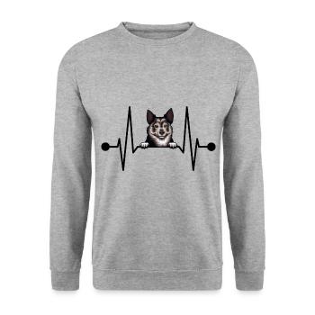 Swedish Vallhund Västgötaspets Herzschlag Peeking - Unisex Pullover - Weißgrau meliert - Vorne - Alina (178cm) & Michal (187cm)