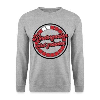 Farben änderbar | Kindergarten wird geladen - Unisex Pullover - Weißgrau meliert - Vorne - Alina (178cm) & Michal (187cm)