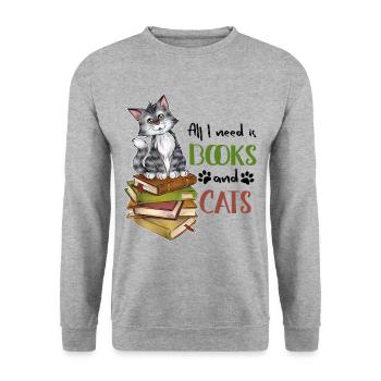 All I need is Cats and books Niedliche Katze Buch - Unisex Pullover - Weißgrau meliert - Vorne - Alina (178cm) & Michal (187cm)