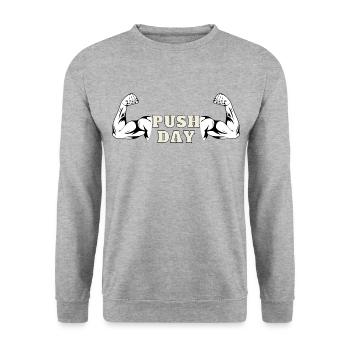 Offizielles Gym "push day" Shirt für Fitnessfans - Unisex Pullover - Weißgrau meliert - Vorne - Alina (178cm) & Michal (187cm)