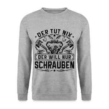 Kfz Mechaniker Spruch Der tut nix Schrauben - Unisex Pullover - Weißgrau meliert - Vorne - Alina (178cm) & Michal (187cm)