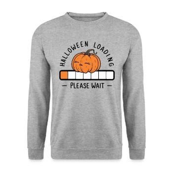 Kürbis Spruch Halloween Loading Please Wait - Unisex Pullover - Weißgrau meliert - Vorne - Alina (178cm) & Michal (187cm)