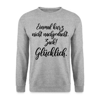 Einmal kurz nicht nachgedacht, zack glücklich - Unisex Pullover - Weißgrau meliert - Vorne - Alina (178cm) & Michal (187cm)