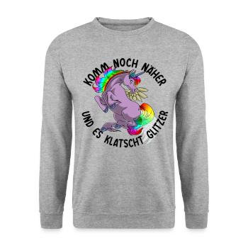Noch näher es klatscht Glitzer Einhorn Geschenk - Unisex Pullover - Weißgrau meliert - Vorne - Alina (178cm) & Michal (187cm)
