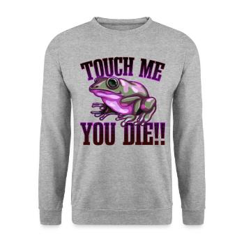 Touch me and you die | Pfeilgift Frosch Geschenk - Unisex Pullover - Weißgrau meliert - Vorne - Alina (178cm) & Michal (187cm)
